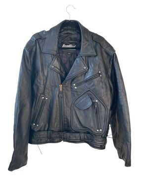 Vintage RoadGear Black Leather Motorcycle Biker Jacket Belted D-Pocket Size 44